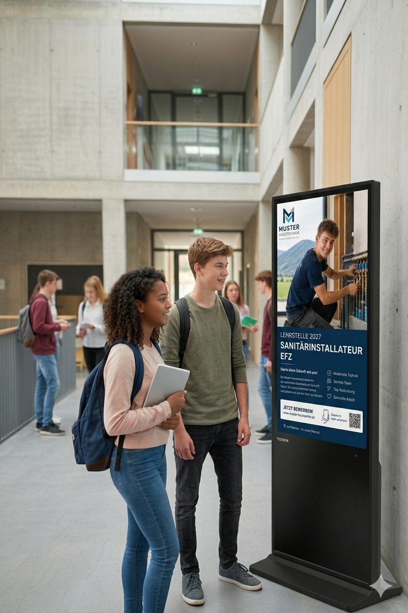 Jugendliche vor einem LehrPlatz.ch Display